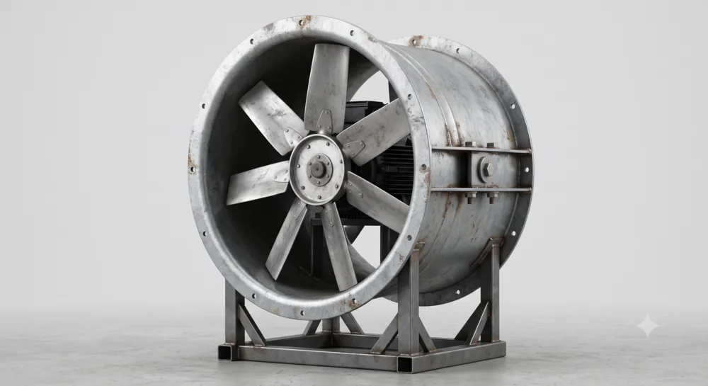 Cased axial fan with a steel impeller