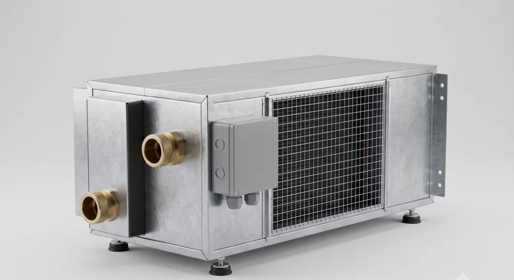 Ducted chilled water fan coil unit above a ceiling void