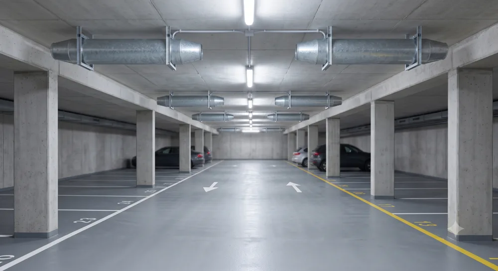 Jet fans mounted to the soffit of a basement car park
