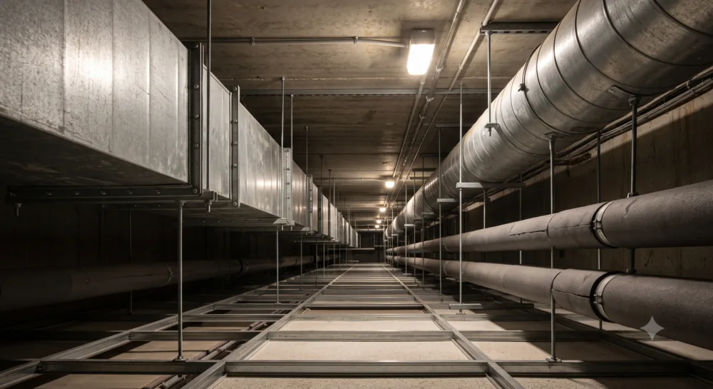 Galvanised ductwork running through a ceiling void