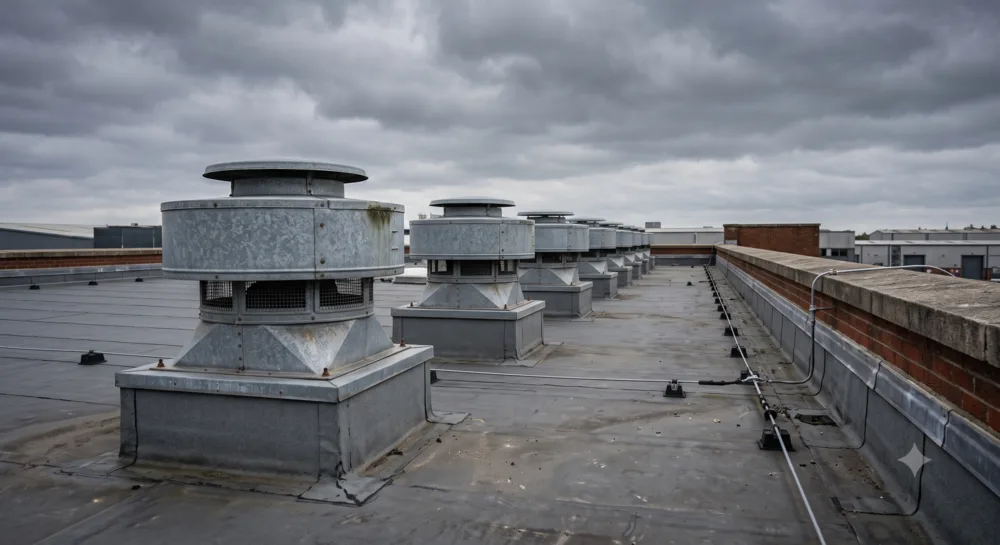 Roof-mounted extract fans on a commercial building