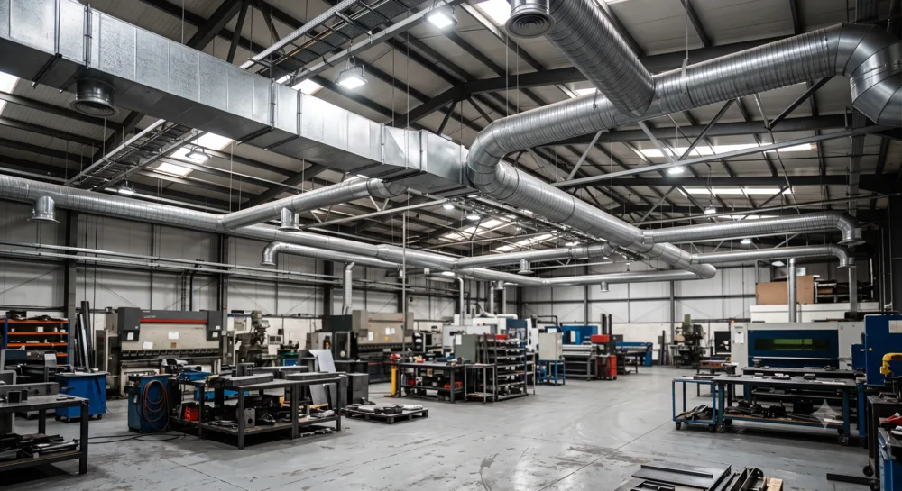 Extract ductwork above a manufacturing workshop