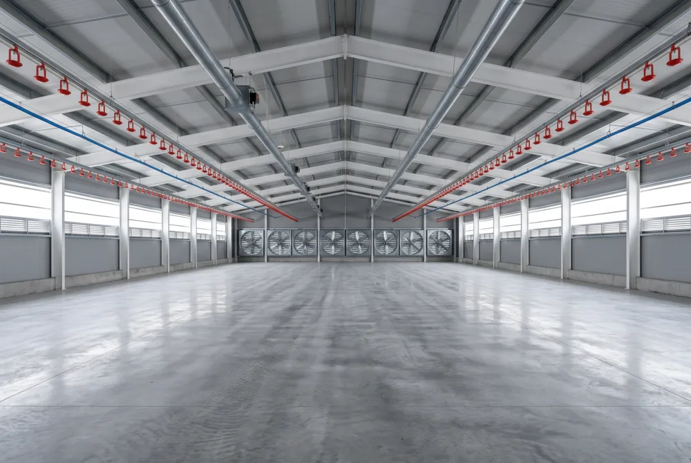 Poultry house interior with large ventilation fans