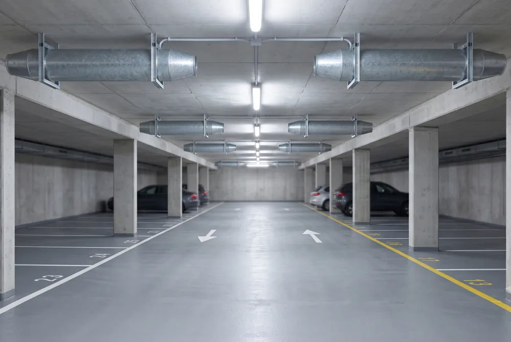 Basement car park with jet fans mounted overhead