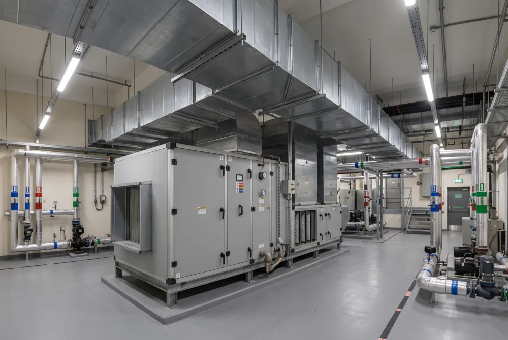 Commercial building plant room with air handling ductwork
