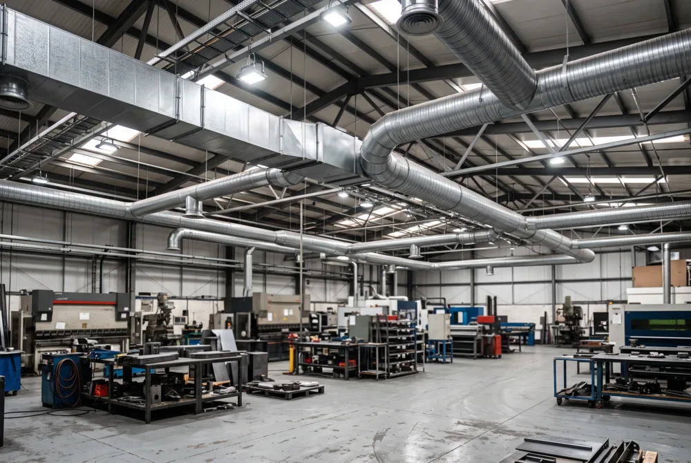 Factory interior with extract ductwork overhead