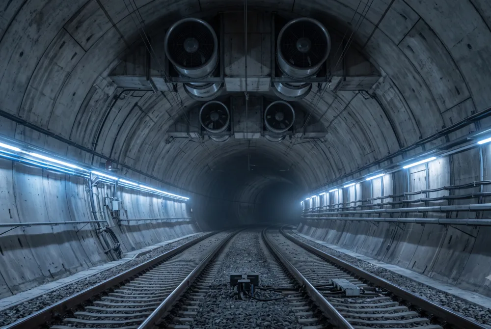 Rail tunnel with ventilation fans in the ceiling